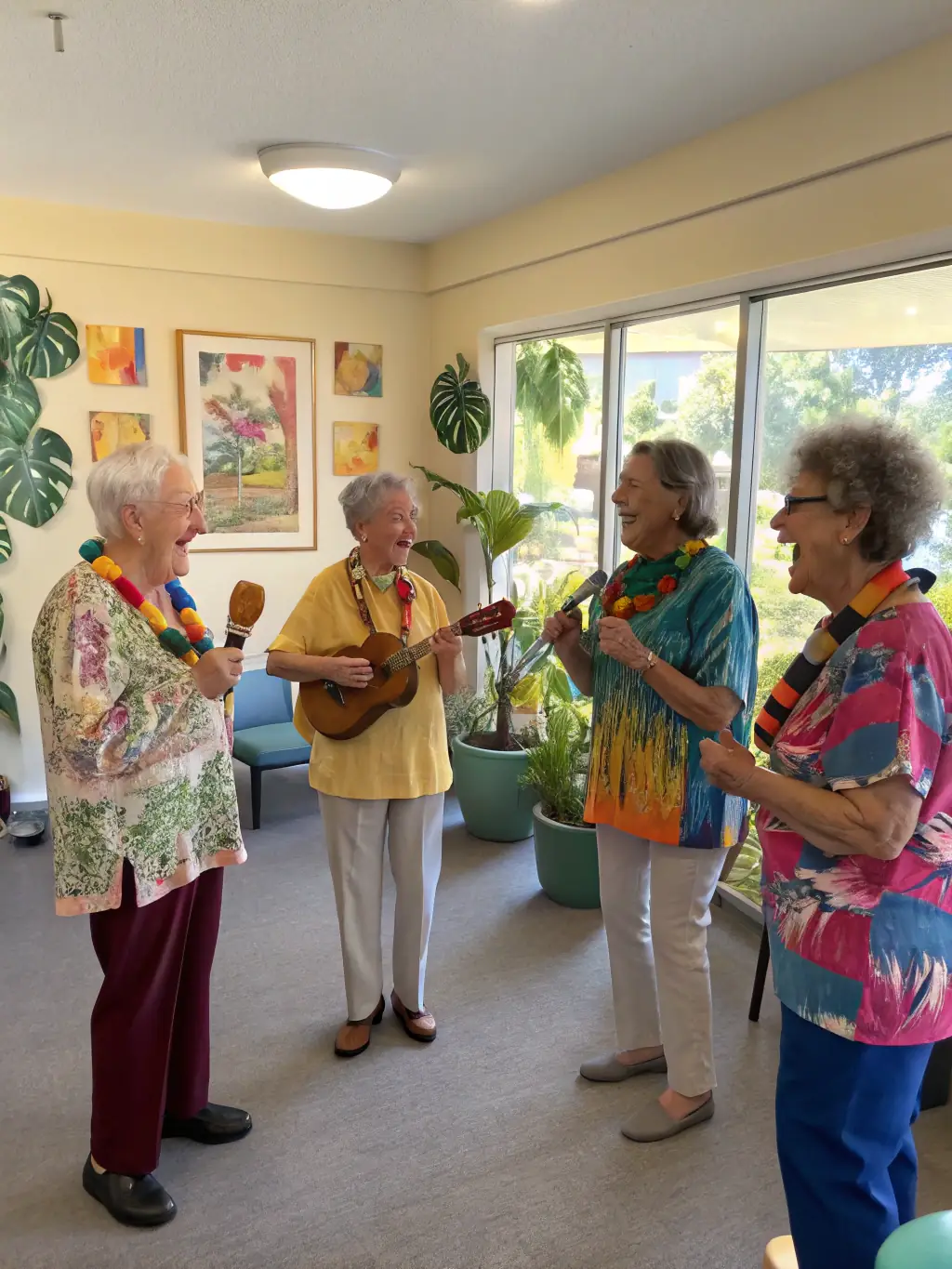 A heartwarming photo of seniors participating in a music therapy session, playing instruments and singing together, demonstrating the association's commitment to enriching the lives of older adults through the arts.