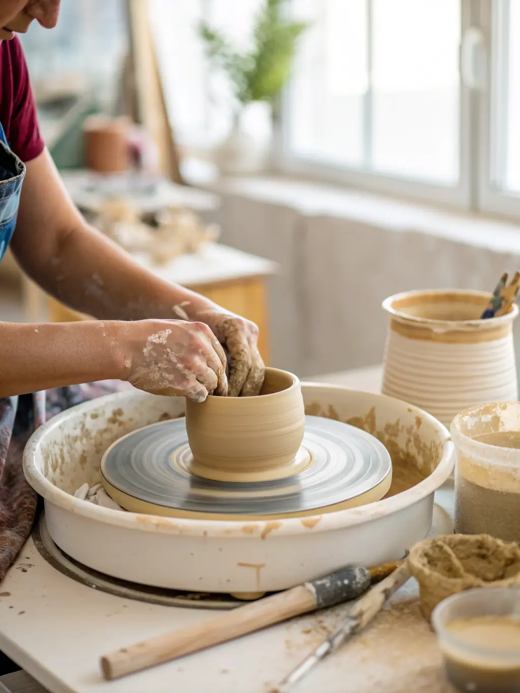 A dynamic image of a diverse group of adults engaged in a pottery class, their hands shaping clay on spinning wheels, illustrating the association's dedication to lifelong learning and artistic skill development.