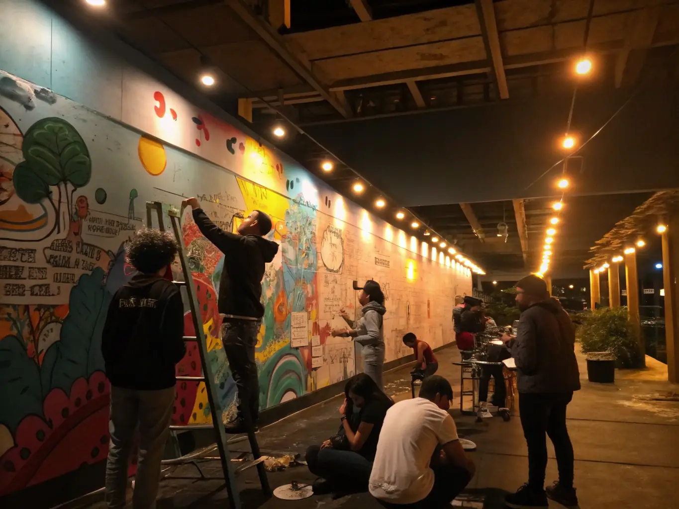 An image depicting a vibrant community art workshop, showcasing diverse participants collaborating on a large mural, with brushes and paint palettes visible. The atmosphere is lively and collaborative, reflecting the spirit of community engagement.