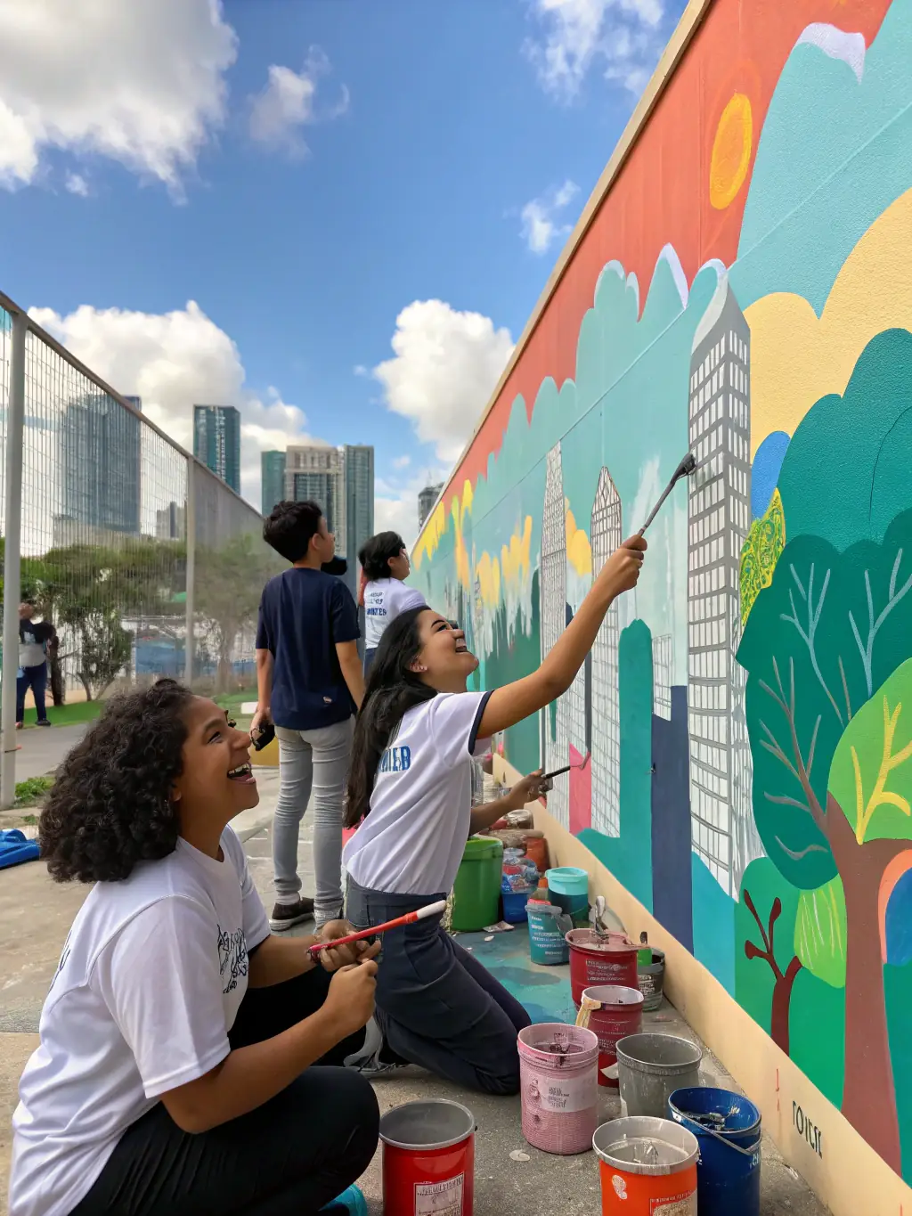A vibrant photograph capturing children participating in an outdoor art workshop, painting colorful murals on a community wall, showcasing the association's commitment to youth engagement and creative expression.