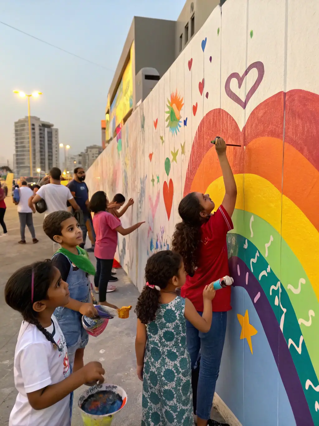 A photograph capturing a diverse group of children and adults participating in a collaborative mural painting project, showcasing the artistic education aspect of ASSOCIATION BOUT D FICELLE's programs.