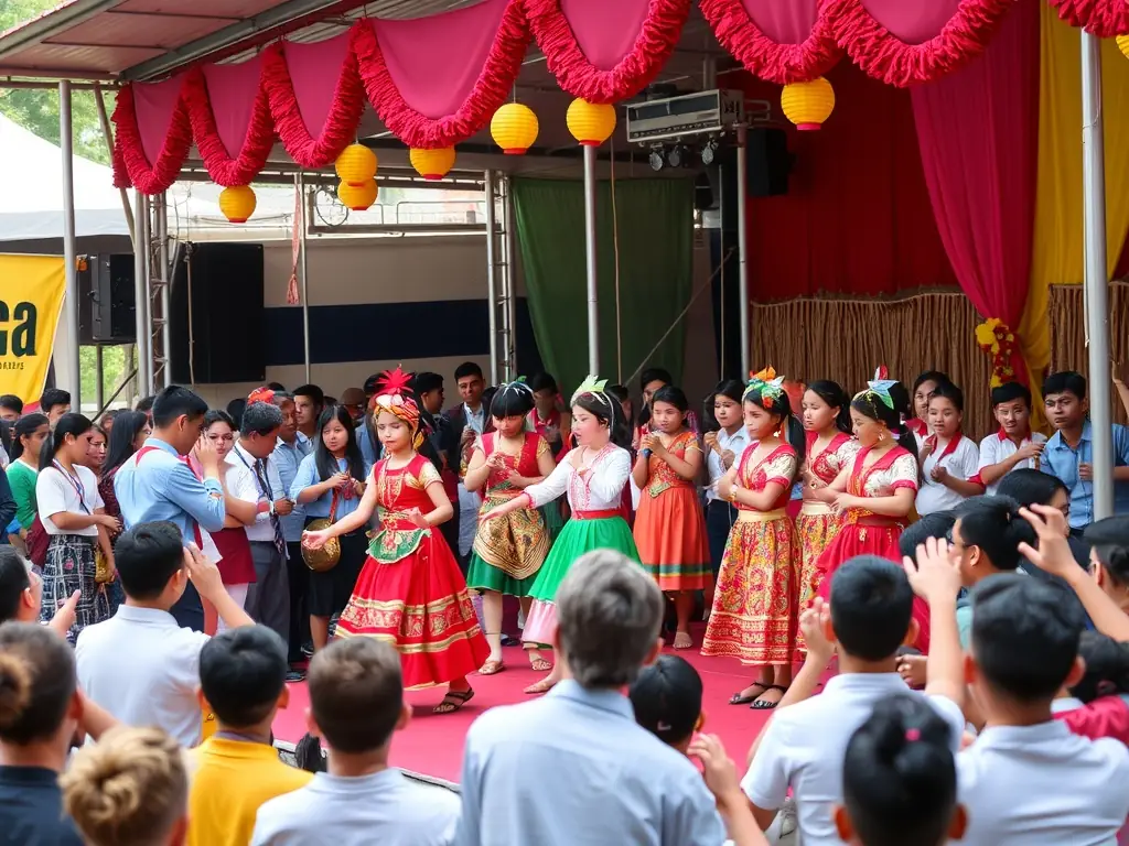 A photograph capturing a live performance during a cultural festival, featuring musicians and dancers in colorful costumes on stage. The audience is diverse and engaged, clapping and cheering, highlighting the cultural vitality of the event.