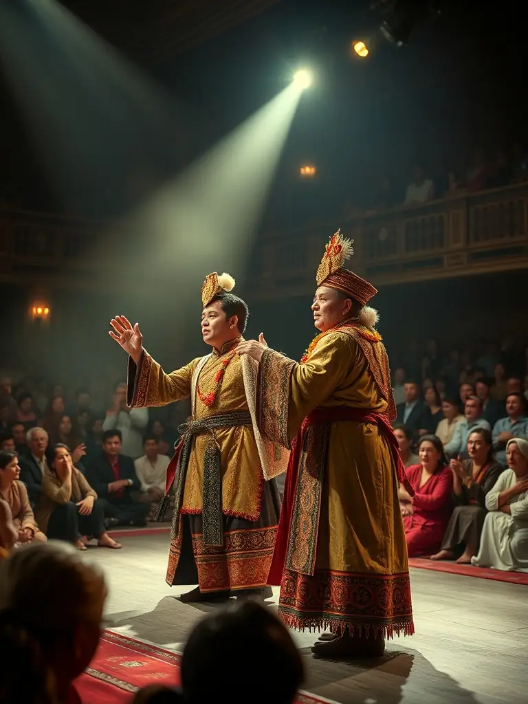 A captivating stage shot from a community theater performance, featuring actors in colorful costumes and expressive makeup, highlighting the association's support for local talent and performing arts.