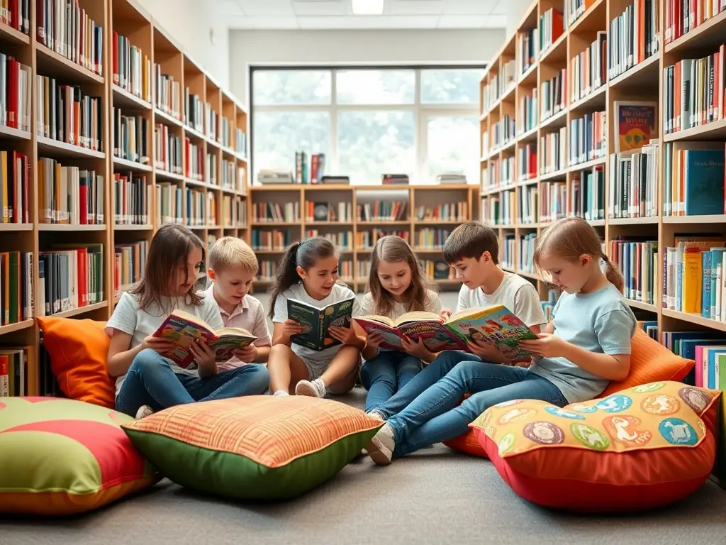 An image showing children participating in an interactive storytelling session at a local library, with a storyteller animatedly reading from a book. The children are attentive and engaged, illustrating the educational aspect of the program.